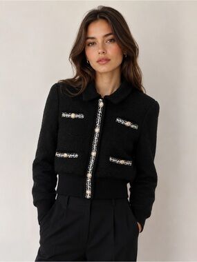Maje Black Tweed Bomber Jacket with Decorative Trim
